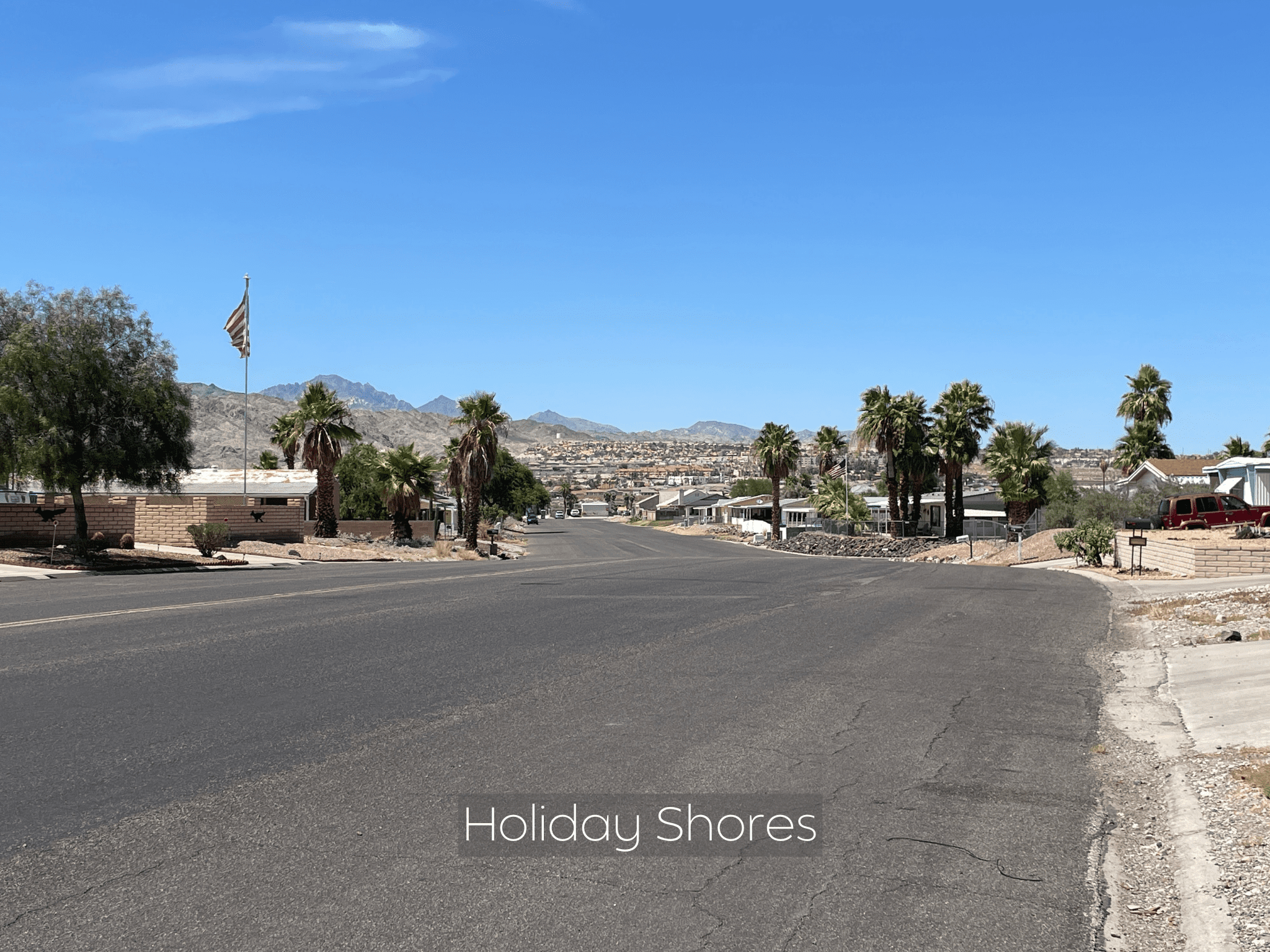 View of a sunny street in Holiday Shores with palm trees and clear blue sky.