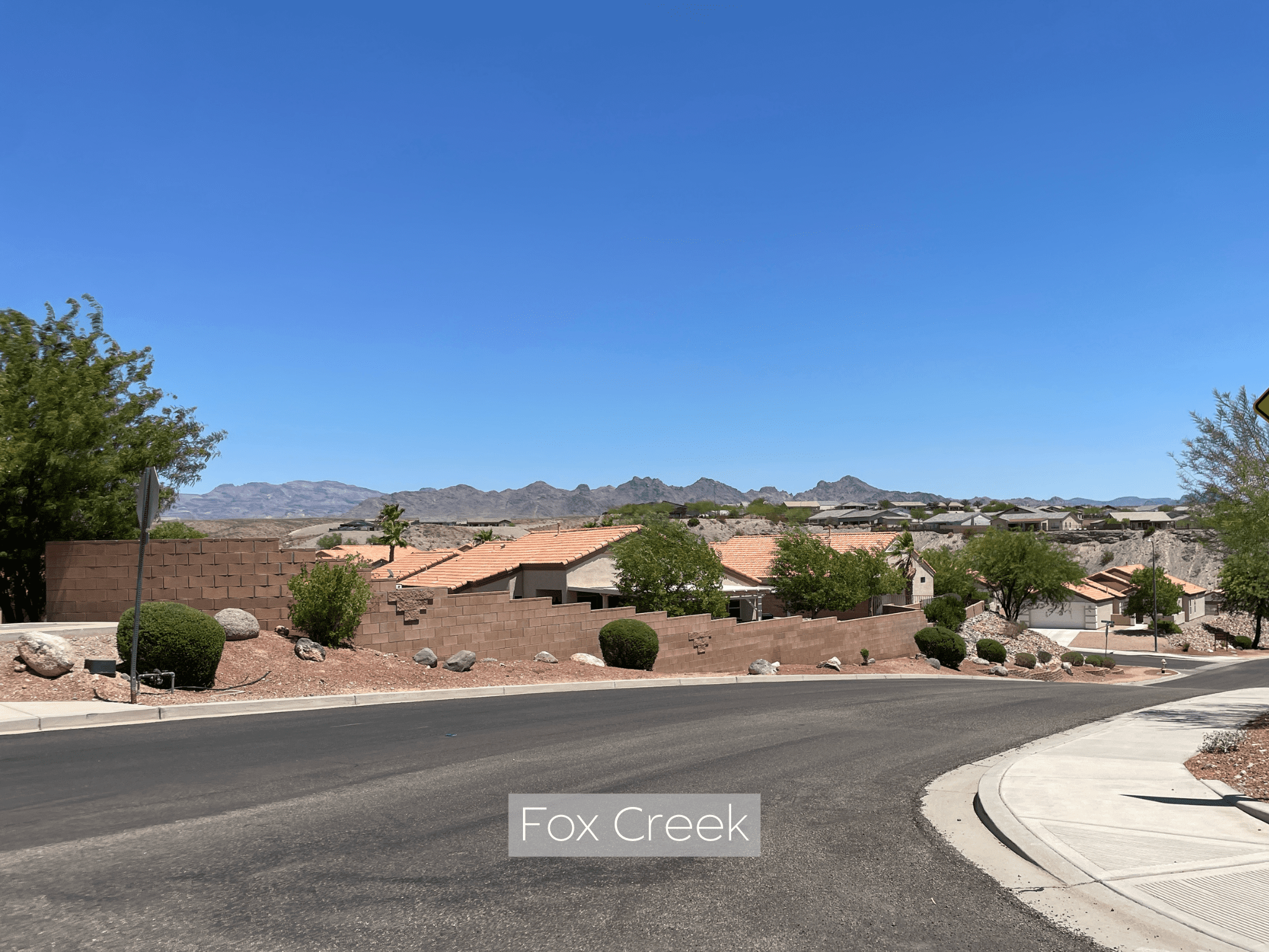Clear suburban street with houses and mountains under a bright blue sky.