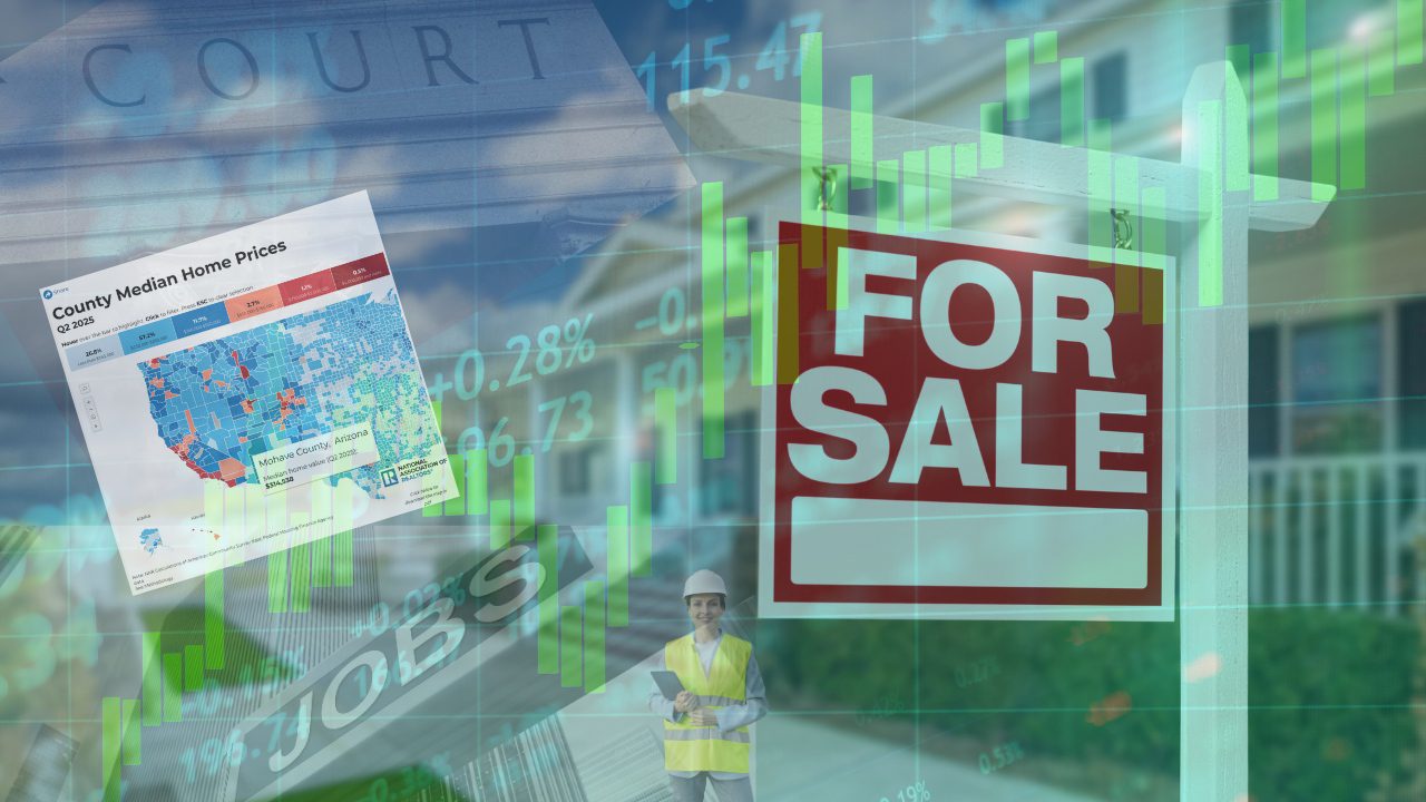 Real estate for sale with market trends and construction worker background.